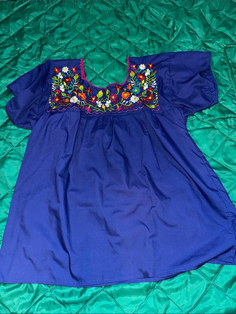 Embroidered Square-Neck Tunic Top in Deep Blue